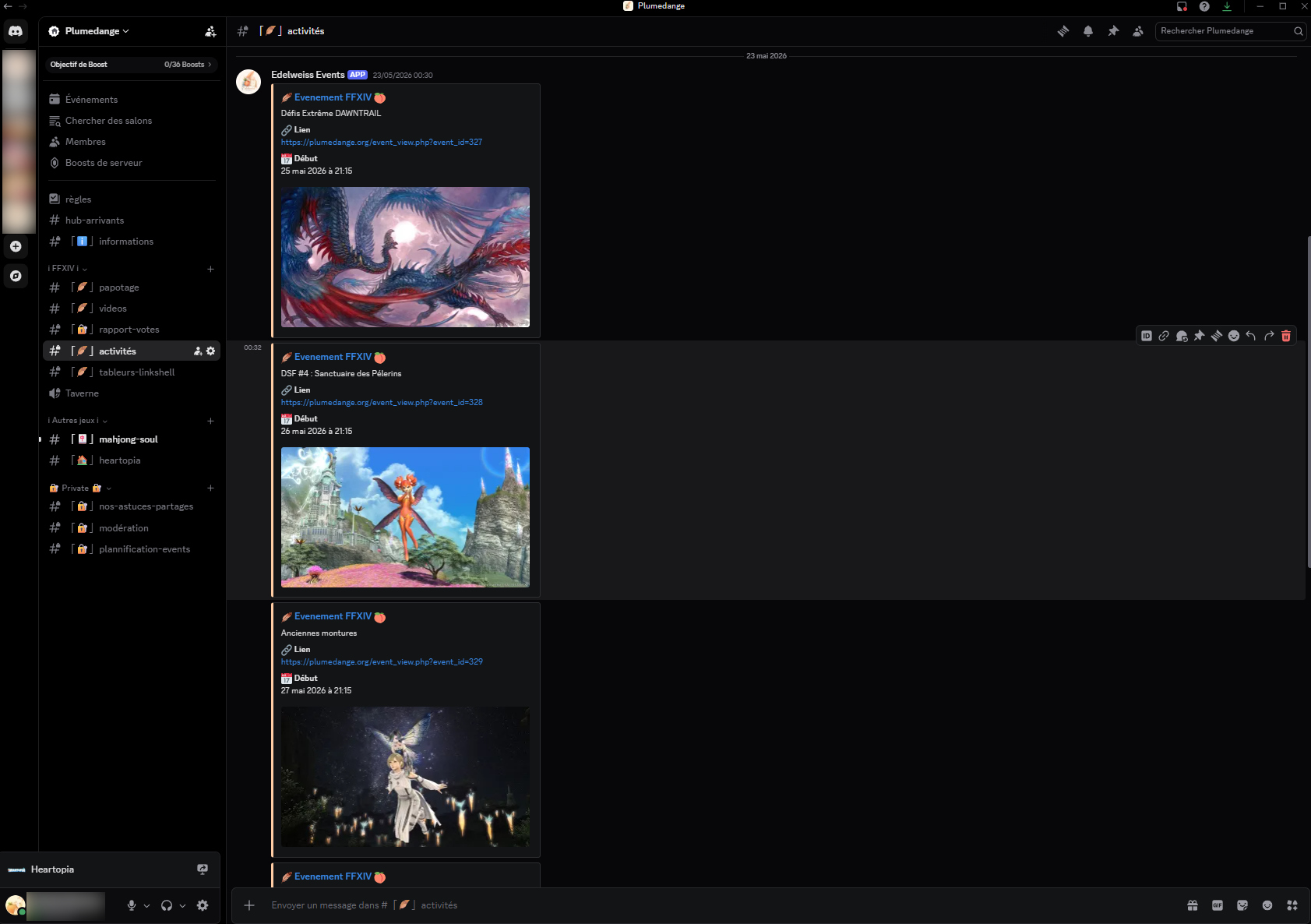Publication de l'événement sur Discord